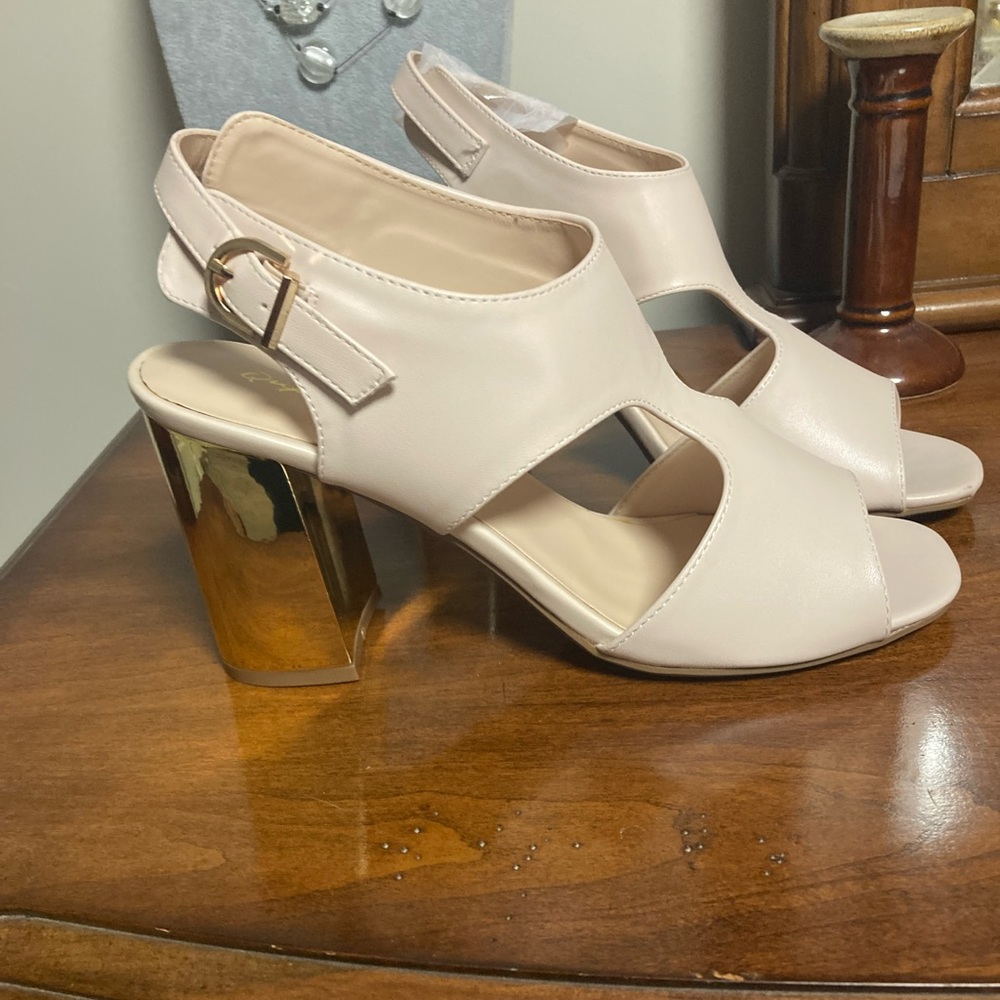 Qupid Blush Pink Sandals with Gold Mirrored Block Heel
